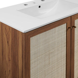 Modway Furniture Soma 36" Bathroom Vanity - Modern Rattan-Weave, Soft-Close Doors & Elegant Gold Accents for Style Walnut White EEI-6717-WAL-WHI
