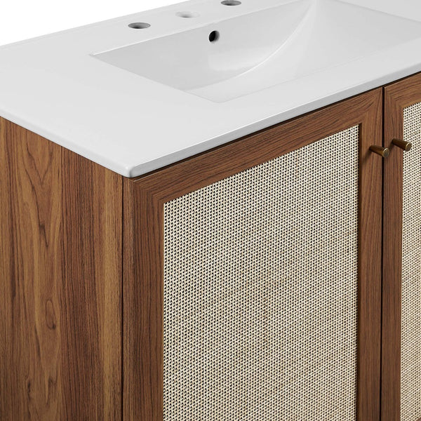Modway Furniture Soma 36" Bathroom Vanity - Modern Rattan-Weave, Soft-Close Doors & Elegant Gold Accents for Style Walnut White EEI-6717-WAL-WHI