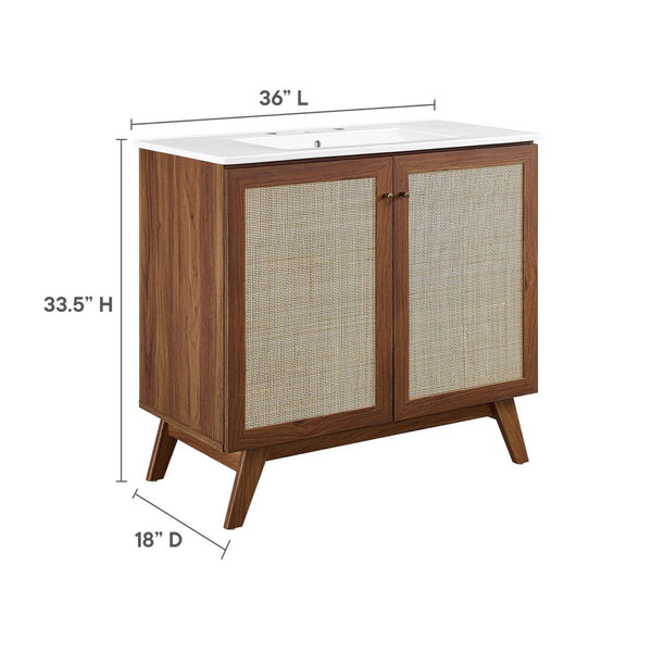 Modway Furniture Soma 36" Bathroom Vanity - Modern Rattan-Weave, Soft-Close Doors & Elegant Gold Accents for Style Walnut White EEI-6717-WAL-WHI
