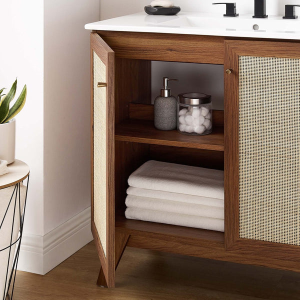 Modway Furniture Soma 36" Bathroom Vanity - Modern Rattan-Weave, Soft-Close Doors & Elegant Gold Accents for Style Walnut White EEI-6717-WAL-WHI