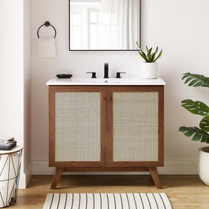 Modway Furniture Soma 36" Bathroom Vanity - Modern Rattan-Weave, Soft-Close Doors & Elegant Gold Accents for Style Walnut White EEI-6717-WAL-WHI