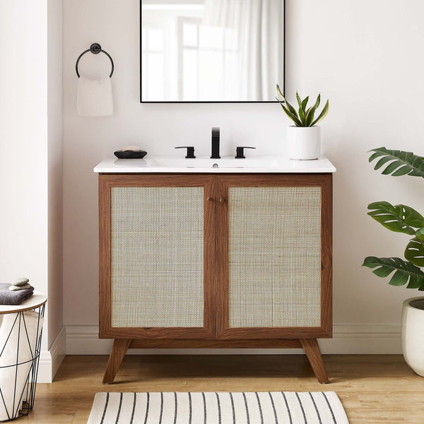 Modway Furniture Soma 36" Bathroom Vanity - Modern Rattan-Weave, Soft-Close Doors & Elegant Gold Accents for Style Walnut White EEI-6717-WAL-WHI