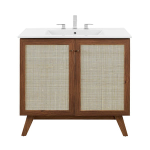 Modway Furniture Soma 36" Bathroom Vanity - Modern Rattan-Weave, Soft-Close Doors & Elegant Gold Accents for Style Walnut White EEI-6717-WAL-WHI