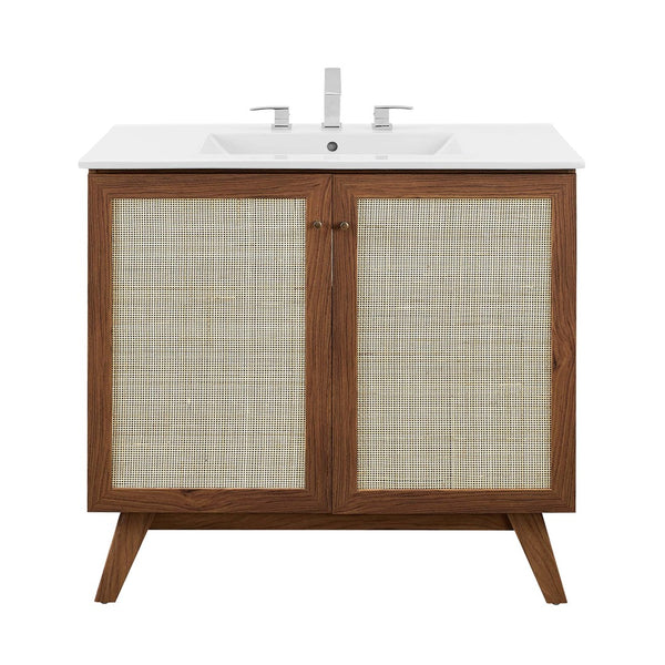 Modway Furniture Soma 36" Bathroom Vanity - Modern Rattan-Weave, Soft-Close Doors & Elegant Gold Accents for Style Walnut White EEI-6717-WAL-WHI