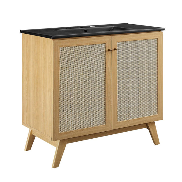 Modway Furniture Soma 36" Bathroom Vanity - Modern Rattan-Weave Design with Soft-Close Features and Storage Solutions Oak Black EEI-6718-OAK-BLK