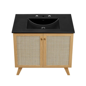 Modway Furniture Soma 36" Bathroom Vanity - Modern Rattan-Weave Design with Soft-Close Features and Storage Solutions Oak Black EEI-6718-OAK-BLK
