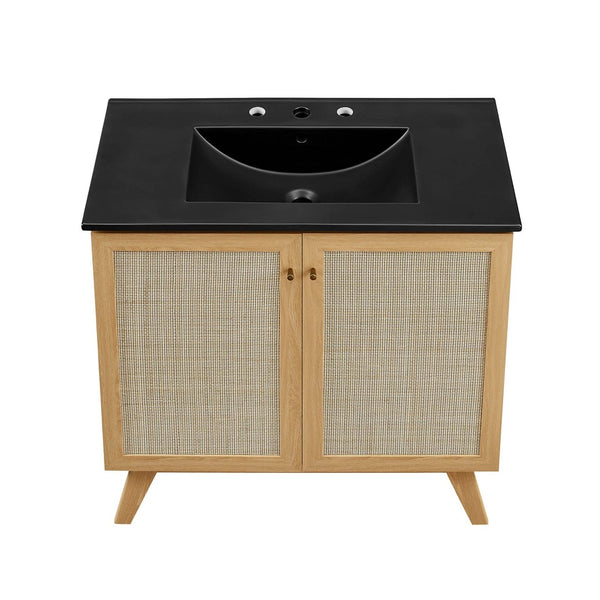 Modway Furniture Soma 36" Bathroom Vanity - Modern Rattan-Weave Design with Soft-Close Features and Storage Solutions Oak Black EEI-6718-OAK-BLK