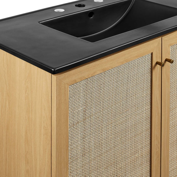 Modway Furniture Soma 36" Bathroom Vanity - Modern Rattan-Weave Design with Soft-Close Features and Storage Solutions Oak Black EEI-6718-OAK-BLK