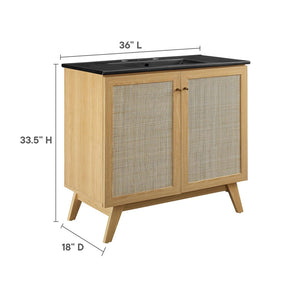 Modway Furniture Soma 36" Bathroom Vanity - Modern Rattan-Weave Design with Soft-Close Features and Storage Solutions Oak Black EEI-6718-OAK-BLK