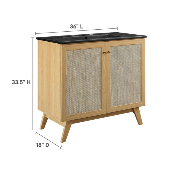 Modway Furniture Soma 36" Bathroom Vanity - Modern Rattan-Weave Design with Soft-Close Features and Storage Solutions Oak Black EEI-6718-OAK-BLK