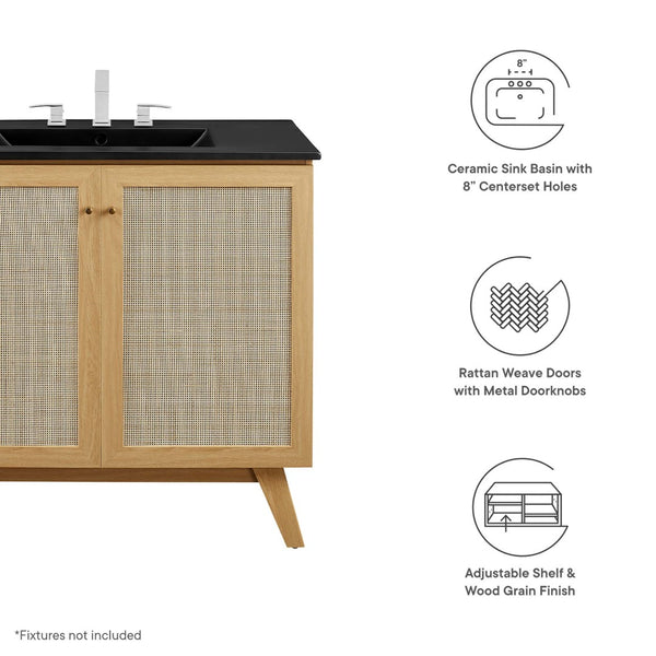 Modway Furniture Soma 36" Bathroom Vanity - Modern Rattan-Weave Design with Soft-Close Features and Storage Solutions Oak Black EEI-6718-OAK-BLK