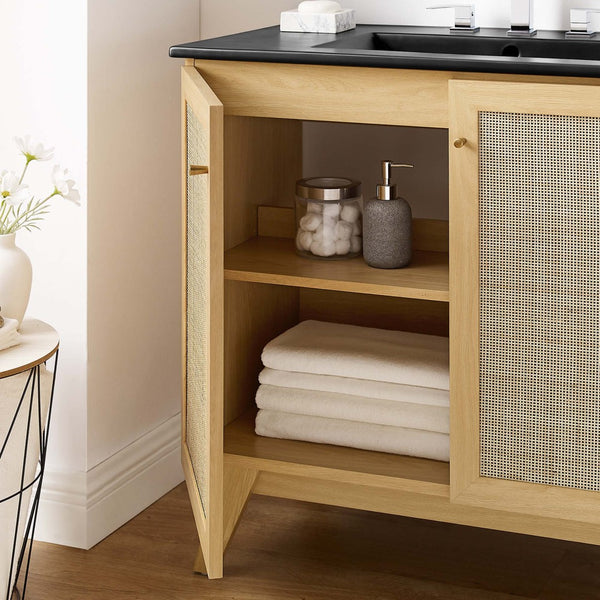 Modway Furniture Soma 36" Bathroom Vanity - Modern Rattan-Weave Design with Soft-Close Features and Storage Solutions Oak Black EEI-6718-OAK-BLK