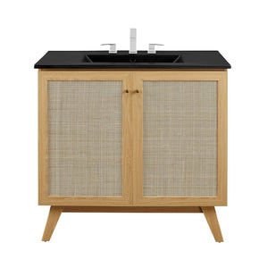 Modway Furniture Soma 36" Bathroom Vanity - Modern Rattan-Weave Design with Soft-Close Features and Storage Solutions Oak Black EEI-6718-OAK-BLK