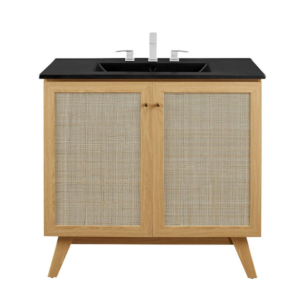 Modway Furniture Soma 36" Bathroom Vanity - Modern Rattan-Weave Design with Soft-Close Features and Storage Solutions Oak Black EEI-6718-OAK-BLK