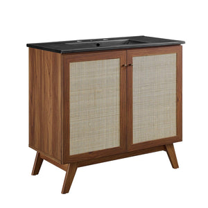 Modway Furniture Soma 36" Bathroom Vanity - Modern Rattan-Weave Design with Soft-Close Features and Storage Solutions Walnut Black EEI-6718-WAL-BLK