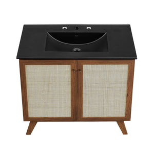 Modway Furniture Soma 36" Bathroom Vanity - Modern Rattan-Weave Design with Soft-Close Features and Storage Solutions Walnut Black EEI-6718-WAL-BLK