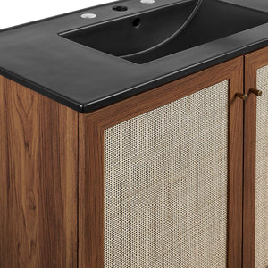 Modway Furniture Soma 36" Bathroom Vanity - Modern Rattan-Weave Design with Soft-Close Features and Storage Solutions Walnut Black EEI-6718-WAL-BLK