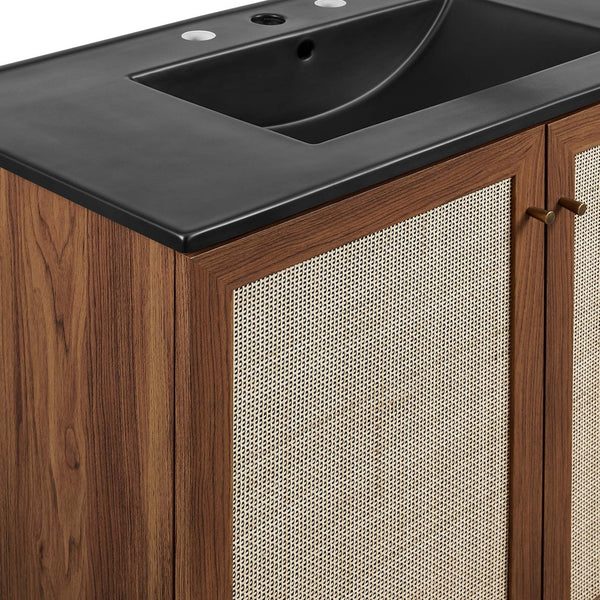 Modway Furniture Soma 36" Bathroom Vanity - Modern Rattan-Weave Design with Soft-Close Features and Storage Solutions Walnut Black EEI-6718-WAL-BLK