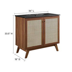 Modway Furniture Soma 36" Bathroom Vanity - Modern Rattan-Weave Design with Soft-Close Features and Storage Solutions Walnut Black EEI-6718-WAL-BLK