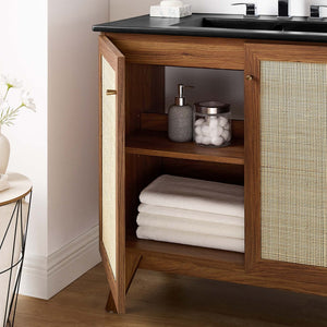 Modway Furniture Soma 36" Bathroom Vanity - Modern Rattan-Weave Design with Soft-Close Features and Storage Solutions Walnut Black EEI-6718-WAL-BLK