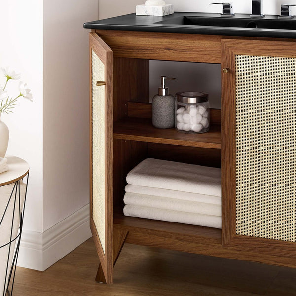 Modway Furniture Soma 36" Bathroom Vanity - Modern Rattan-Weave Design with Soft-Close Features and Storage Solutions Walnut Black EEI-6718-WAL-BLK