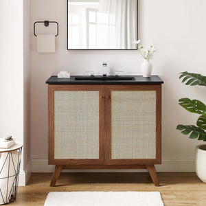 Modway Furniture Soma 36" Bathroom Vanity - Modern Rattan-Weave Design with Soft-Close Features and Storage Solutions Walnut Black EEI-6718-WAL-BLK