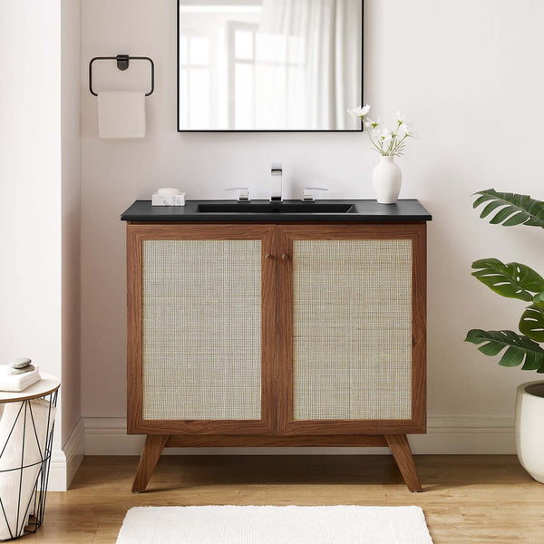 Modway Furniture Soma 36" Bathroom Vanity - Modern Rattan-Weave Design with Soft-Close Features and Storage Solutions Walnut Black EEI-6718-WAL-BLK
