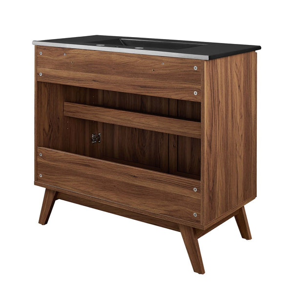 Modway Furniture Soma 36" Bathroom Vanity - Modern Rattan-Weave Design with Soft-Close Features and Storage Solutions Walnut Black EEI-6718-WAL-BLK