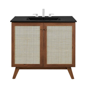 Modway Furniture Soma 36" Bathroom Vanity - Modern Rattan-Weave Design with Soft-Close Features and Storage Solutions Walnut Black EEI-6718-WAL-BLK