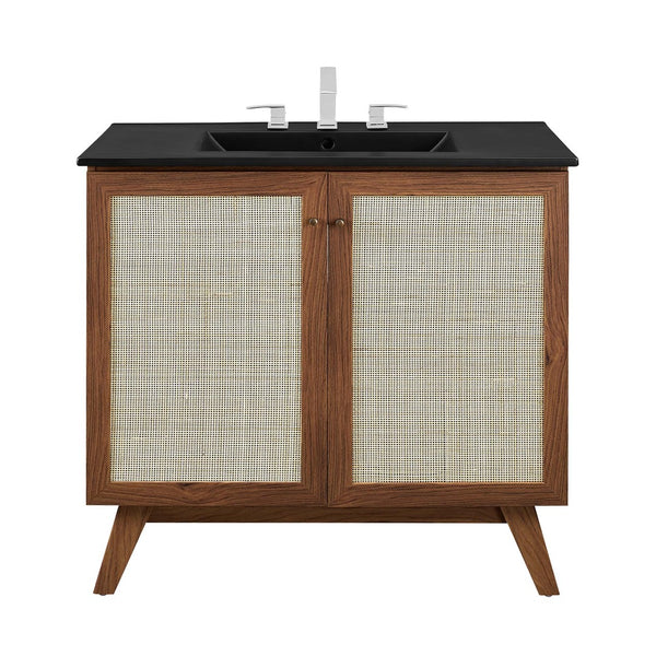 Modway Furniture Soma 36" Bathroom Vanity - Modern Rattan-Weave Design with Soft-Close Features and Storage Solutions Walnut Black EEI-6718-WAL-BLK