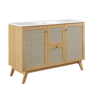 Modway Furniture Soma 48" Single Sink Bathroom Vanity - Modern Rattan-Weave Doors & Elegant Ceramic Top Design Oak White EEI-6719-OAK-WHI