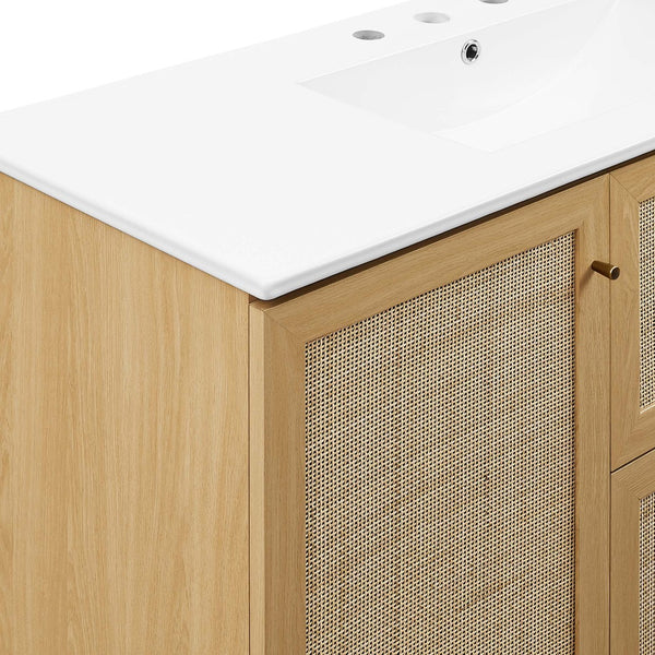 Modway Furniture Soma 48" Single Sink Bathroom Vanity - Modern Rattan-Weave Doors & Elegant Ceramic Top Design Oak White EEI-6719-OAK-WHI
