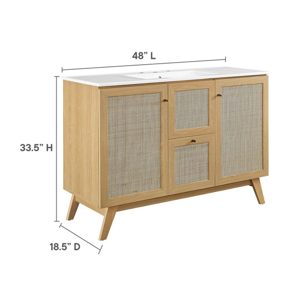 Modway Furniture Soma 48" Single Sink Bathroom Vanity - Modern Rattan-Weave Doors & Elegant Ceramic Top Design Oak White EEI-6719-OAK-WHI