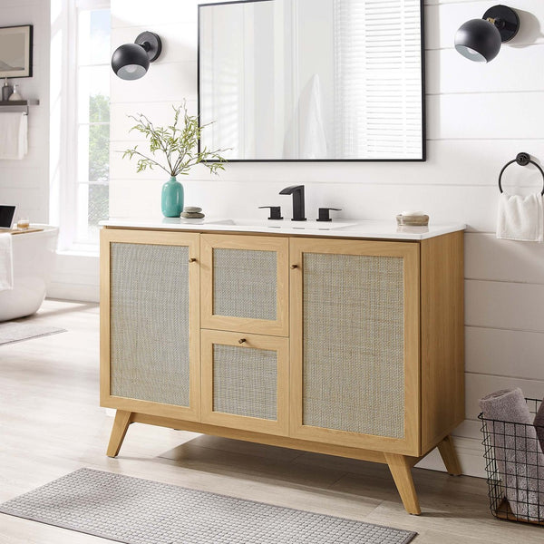 Modway Furniture Soma 48" Single Sink Bathroom Vanity - Modern Rattan-Weave Doors & Elegant Ceramic Top Design Oak White EEI-6719-OAK-WHI