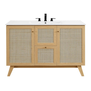 Modway Furniture Soma 48" Single Sink Bathroom Vanity - Modern Rattan-Weave Doors & Elegant Ceramic Top Design Oak White EEI-6719-OAK-WHI