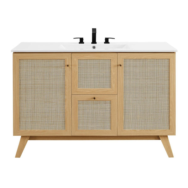 Modway Furniture Soma 48" Single Sink Bathroom Vanity - Modern Rattan-Weave Doors & Elegant Ceramic Top Design Oak White EEI-6719-OAK-WHI
