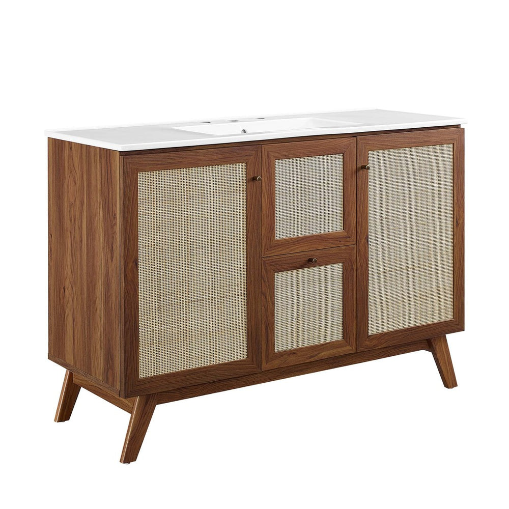 Modway Furniture Soma 48" Single Sink Bathroom Vanity - Modern Rattan-Weave Doors & Elegant Ceramic Top Design Walnut White EEI-6719-WAL-WHI