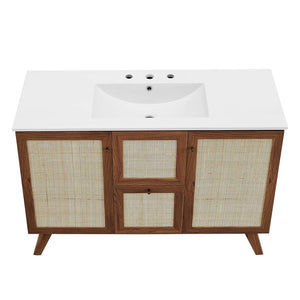 Modway Furniture Soma 48" Single Sink Bathroom Vanity - Modern Rattan-Weave Doors & Elegant Ceramic Top Design Walnut White EEI-6719-WAL-WHI