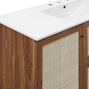 Modway Furniture Soma 48" Single Sink Bathroom Vanity - Modern Rattan-Weave Doors & Elegant Ceramic Top Design Walnut White EEI-6719-WAL-WHI