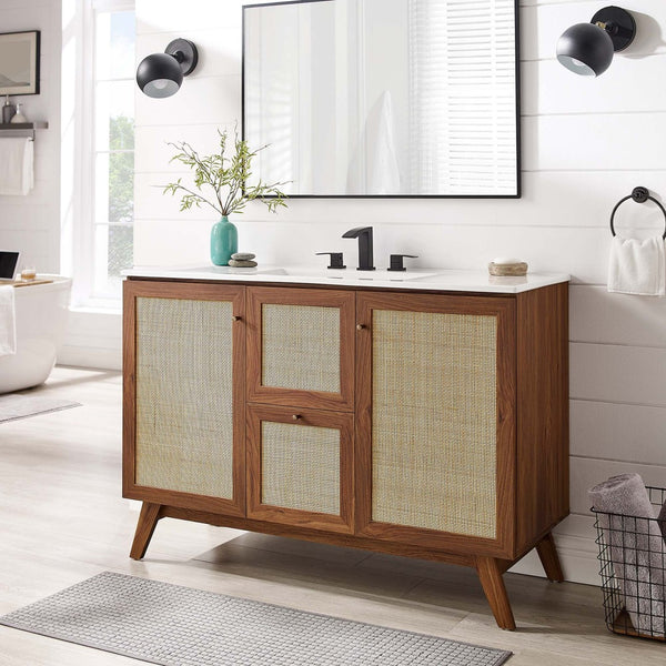 Modway Furniture Soma 48" Single Sink Bathroom Vanity - Modern Rattan-Weave Doors & Elegant Ceramic Top Design Walnut White EEI-6719-WAL-WHI