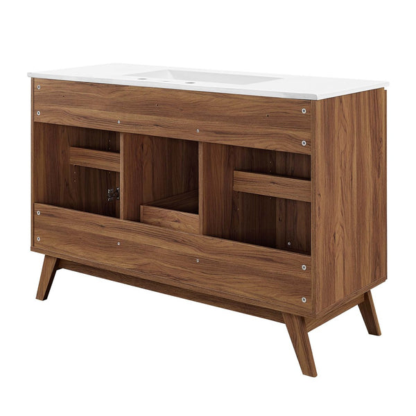 Modway Furniture Soma 48" Single Sink Bathroom Vanity - Modern Rattan-Weave Doors & Elegant Ceramic Top Design Walnut White EEI-6719-WAL-WHI