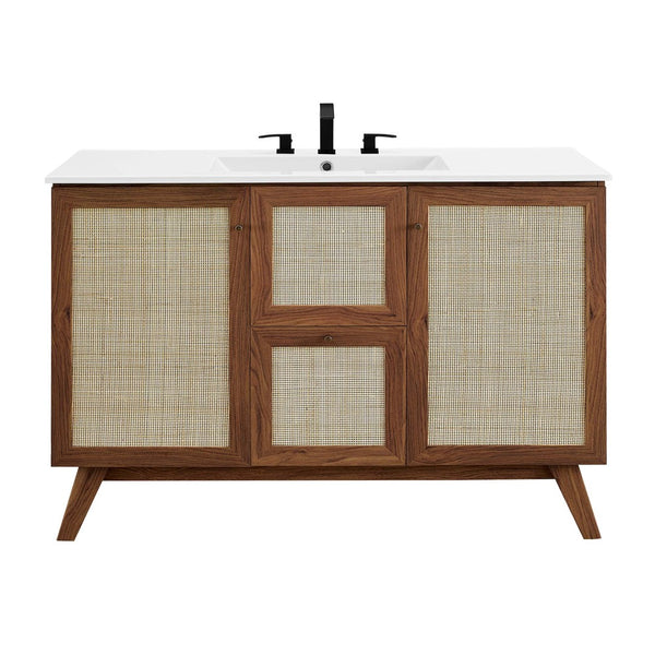 Modway Furniture Soma 48" Single Sink Bathroom Vanity - Modern Rattan-Weave Doors & Elegant Ceramic Top Design Walnut White EEI-6719-WAL-WHI