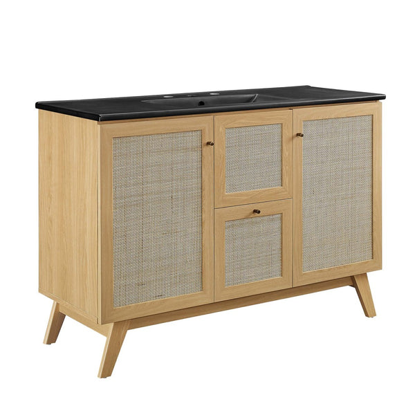 Modway Furniture Soma 48" Single Sink Bathroom Vanity - Modern Rattan-Weave Design with Ceramic Sink & Storage Solutions Oak Black EEI-6720-OAK-BLK