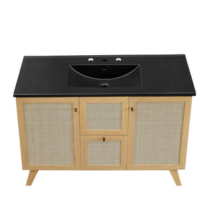 Modway Furniture Soma 48" Single Sink Bathroom Vanity - Modern Rattan-Weave Design with Ceramic Sink & Storage Solutions Oak Black EEI-6720-OAK-BLK