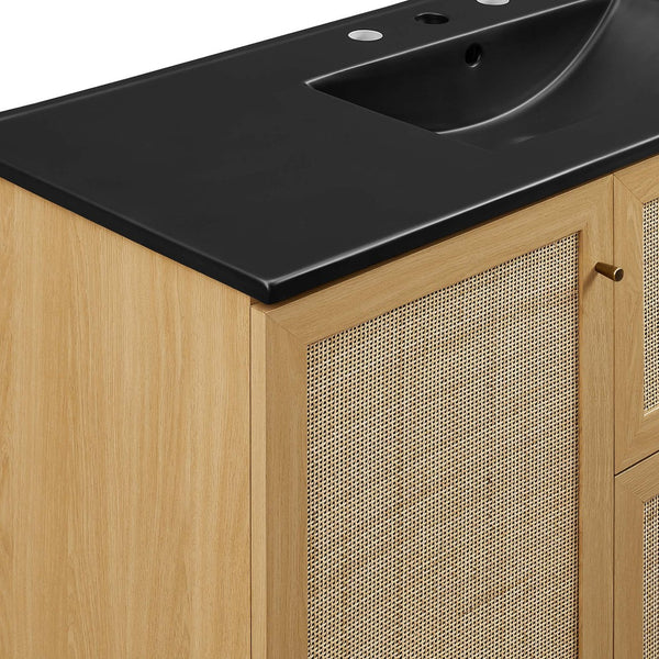 Modway Furniture Soma 48" Single Sink Bathroom Vanity - Modern Rattan-Weave Design with Ceramic Sink & Storage Solutions Oak Black EEI-6720-OAK-BLK