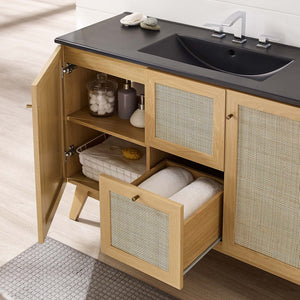 Modway Furniture Soma 48" Single Sink Bathroom Vanity - Modern Rattan-Weave Design with Ceramic Sink & Storage Solutions Oak Black EEI-6720-OAK-BLK