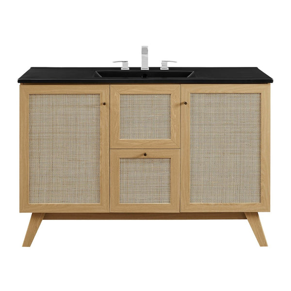 Modway Furniture Soma 48" Single Sink Bathroom Vanity - Modern Rattan-Weave Design with Ceramic Sink & Storage Solutions Oak Black EEI-6720-OAK-BLK
