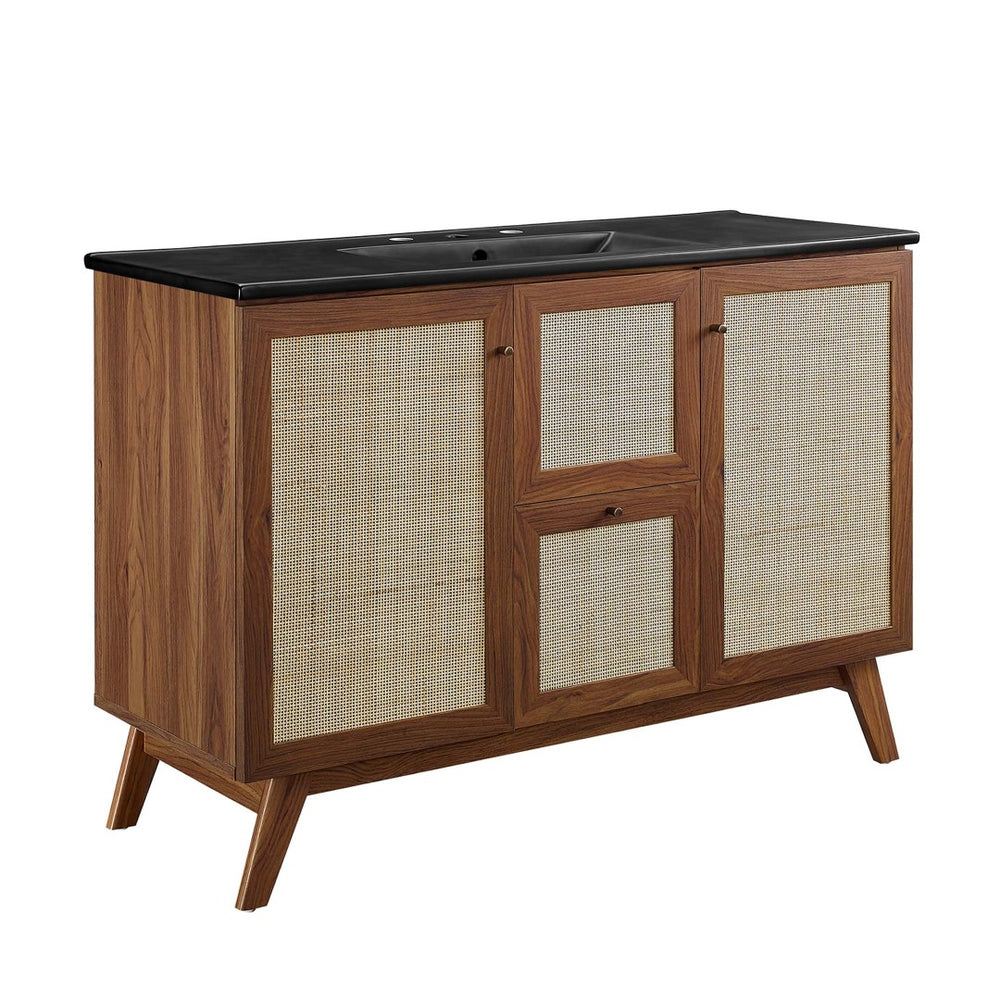 Modway Furniture Soma 48" Single Sink Bathroom Vanity - Modern Rattan-Weave Design with Ceramic Sink & Storage Solutions Walnut Black EEI-6720-WAL-BLK