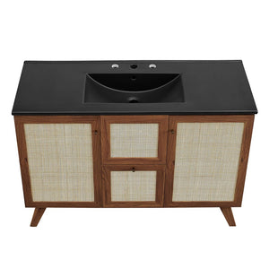Modway Furniture Soma 48" Single Sink Bathroom Vanity - Modern Rattan-Weave Design with Ceramic Sink & Storage Solutions Walnut Black EEI-6720-WAL-BLK