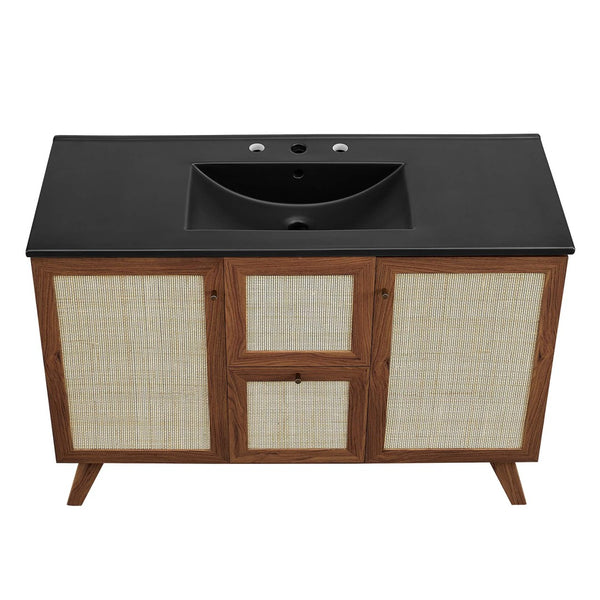 Modway Furniture Soma 48" Single Sink Bathroom Vanity - Modern Rattan-Weave Design with Ceramic Sink & Storage Solutions Walnut Black EEI-6720-WAL-BLK